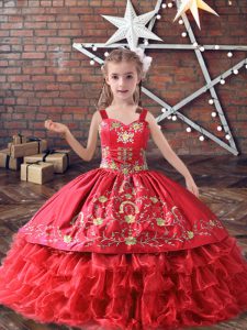 Straps Sleeveless Little Girls Pageant Gowns Floor Length Embroidery and Ruffled Layers Red Satin and Organza