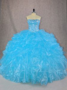 Sleeveless Floor Length Beading and Ruffles Lace Up Quince Ball Gowns with Blue