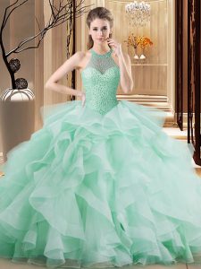Modest Sleeveless Organza Brush Train Lace Up Ball Gown Prom Dress in Apple Green with Beading and Ruffles