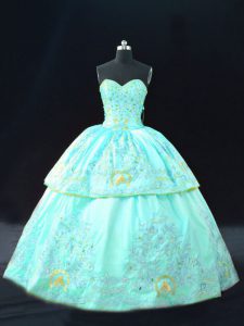 Aqua Blue Ball Gowns Satin Sweetheart Sleeveless Embroidery Floor Length Lace Up 15 Quinceanera Dress
