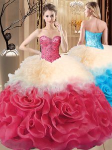 Low Price Fabric With Rolling Flowers Sleeveless Floor Length Quinceanera Dresses and Beading and Ruffles