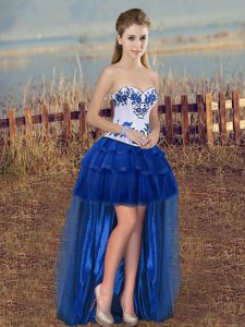 Beauteous Royal Blue Lace Up Embroidery and Ruffled Layers Sleeveless High Low