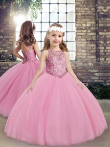 Super Sleeveless Floor Length Beading Lace Up Girls Pageant Dresses with Lilac