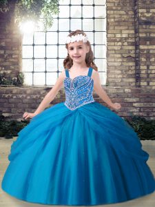 Sleeveless Floor Length Beading Lace Up Girls Pageant Dresses with Blue