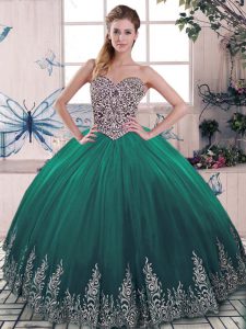 Excellent Green Ball Gowns Tulle Sweetheart Sleeveless Beading and Embroidery Lace Up Quince Ball Gowns