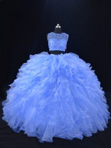 Blue Sleeveless Floor Length Beading and Ruffles Zipper 15 Quinceanera Dress