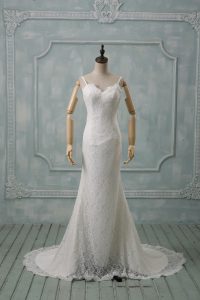 Colorful Sleeveless Lace Brush Train Backless Wedding Gowns in White with Lace