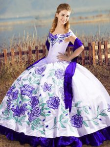 Customized White And Purple Ball Gowns Off The Shoulder Sleeveless Satin and Organza Floor Length Lace Up Embroidery and
