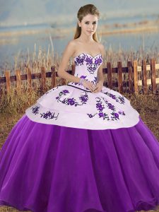 Floor Length White And Purple Vestidos de Quinceanera Tulle Sleeveless Embroidery and Bowknot