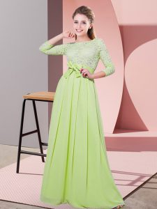Glittering Yellow Green Chiffon Side Zipper Bridesmaid Gown 3 4 Length Sleeve Floor Length Lace and Belt