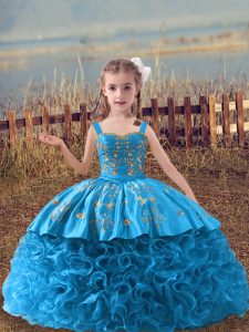 Baby Blue Straps Neckline Embroidery Little Girl Pageant Dress Sleeveless Lace Up