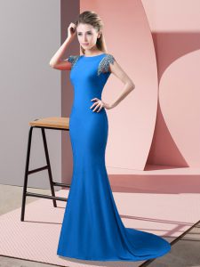 Best Selling Beading Prom Party Dress Blue Backless Short Sleeves Brush Train