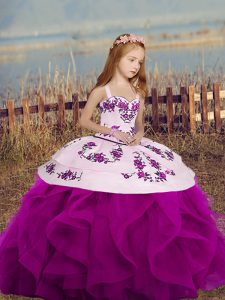 Fuchsia Lace Up Pageant Gowns For Girls Embroidery and Ruffles Sleeveless Floor Length