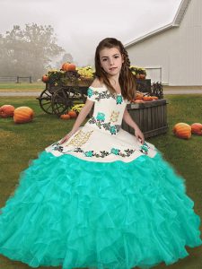 Straps Long Sleeves Lace Up Embroidery and Ruffles High School Pageant Dress in Turquoise