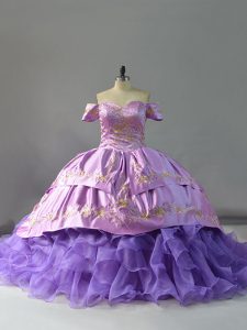 Sexy Lavender Off The Shoulder Lace Up Embroidery and Ruffles Quince Ball Gowns Chapel Train Sleeveless