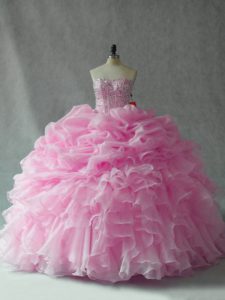 Baby Pink Ball Gowns Beading and Ruffles and Pick Ups Quinceanera Gowns Lace Up Organza Sleeveless
