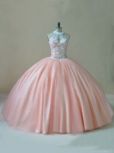 Extravagant Peach Sleeveless Beading and Lace Floor Length Sweet 16 Dress