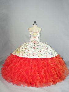 Floor Length Lace Up Sweet 16 Dresses Coral Red for Sweet 16 and Quinceanera with Embroidery and Ruffles
