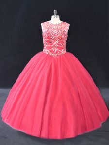 Floor Length Coral Red 15 Quinceanera Dress Tulle Long Sleeves Beading