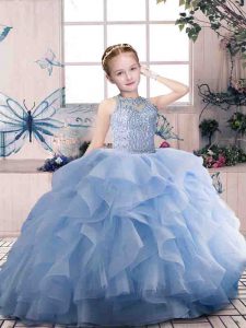 Beauteous Lavender Scoop Zipper Beading and Ruffles Pageant Gowns For Girls Sleeveless