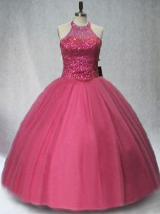 Red Halter Top Neckline Beading Quinceanera Dress Sleeveless Lace Up