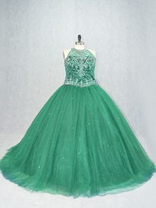 Flirting Tulle Scoop Sleeveless Brush Train Lace Up Beading Sweet 16 Quinceanera Dress in Green