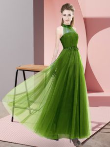 Floor Length Olive Green Bridesmaid Dress Tulle Sleeveless Beading and Appliques
