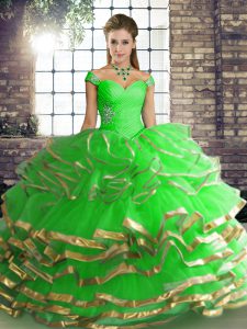 Glorious Green Ball Gowns Tulle Off The Shoulder Sleeveless Beading and Ruffled Layers Floor Length Lace Up Sweet 16 Dre