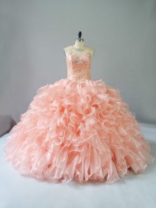 Sleeveless Organza Lace Up Ball Gown Prom Dress in Peach with Beading and Ruffles