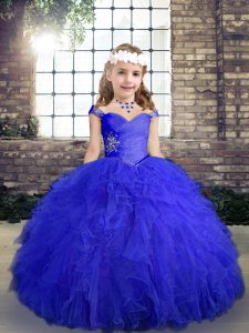 Excellent Sleeveless Tulle Floor Length Lace Up Child Pageant Dress in Blue with Beading and Ruffles