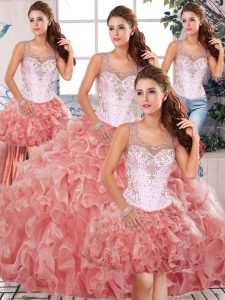 Lovely Floor Length Watermelon Red Sweet 16 Quinceanera Dress Organza Sleeveless Beading and Ruffles