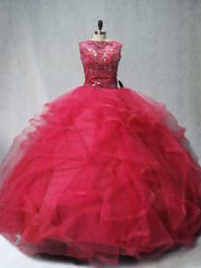 Ball Gowns Sleeveless Coral Red Quinceanera Gown Brush Train Lace Up