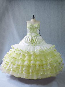 Designer Yellow Green Ball Gowns Sweetheart Sleeveless Organza Floor Length Embroidery and Ruffled Layers Sweet 16 Quinc