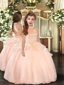 Peach Ball Gowns Organza Halter Top Sleeveless Beading Floor Length Backless Pageant Gowns For Girls