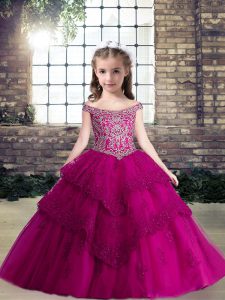 Floor Length Fuchsia Pageant Gowns For Girls Tulle Sleeveless Beading and Lace and Appliques