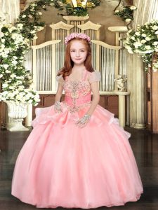 Sleeveless Organza Floor Length Lace Up Little Girls Pageant Dress Wholesale in Pink with Beading and Ruffles