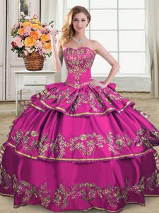 Fuchsia Satin and Organza Lace Up Quinceanera Dresses Sleeveless Floor Length Embroidery and Ruffled Layers