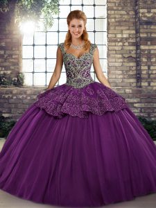Sweet Purple Sleeveless Beading and Appliques Floor Length Sweet 16 Dress