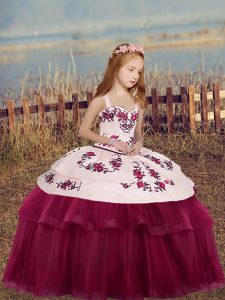 Fuchsia Side Zipper Little Girl Pageant Dress Embroidery Sleeveless Floor Length