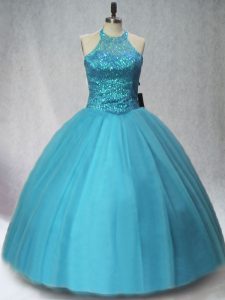 Shining Teal Halter Top Lace Up Beading Quinceanera Dresses Sleeveless