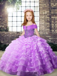 Excellent Straps Sleeveless Little Girl Pageant Gowns Brush Train Beading and Ruffled Layers Lilac Organza
