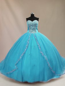 Deluxe Aqua Blue Lace Up Sweetheart Beading Quinceanera Gown Tulle Sleeveless Court Train