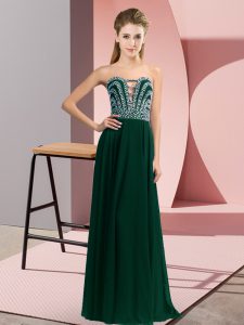 Glorious Floor Length Peacock Green Prom Dress Chiffon Sleeveless Beading