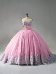 Pink Ball Gowns Tulle Sweetheart Sleeveless Beading and Appliques Lace Up Quinceanera Gown Court Train