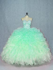 Stunning Teal Ball Gowns Sweetheart Sleeveless Organza Floor Length Lace Up Beading and Ruffles 15th Birthday Dress