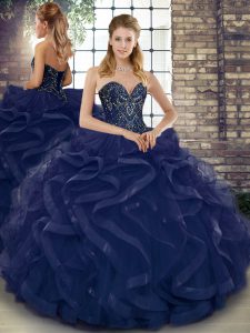 Customized Floor Length Ball Gowns Sleeveless Navy Blue Quinceanera Dresses Lace Up