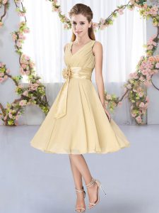 V-neck Sleeveless Chiffon Quinceanera Court of Honor Dress Hand Made Flower Lace Up