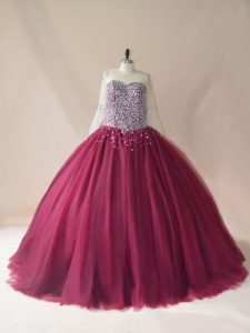 Wonderful Brush Train Ball Gowns Quinceanera Gowns Burgundy Scoop Tulle Long Sleeves Lace Up