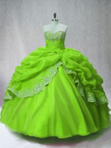 Stunning Green Organza Lace Up Sweetheart Long Sleeves Floor Length Ball Gown Prom Dress Beading and Appliques and Pick 