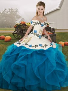 Gorgeous Blue And White Lace Up Off The Shoulder Embroidery and Ruffles Sweet 16 Quinceanera Dress Tulle Sleeveless
